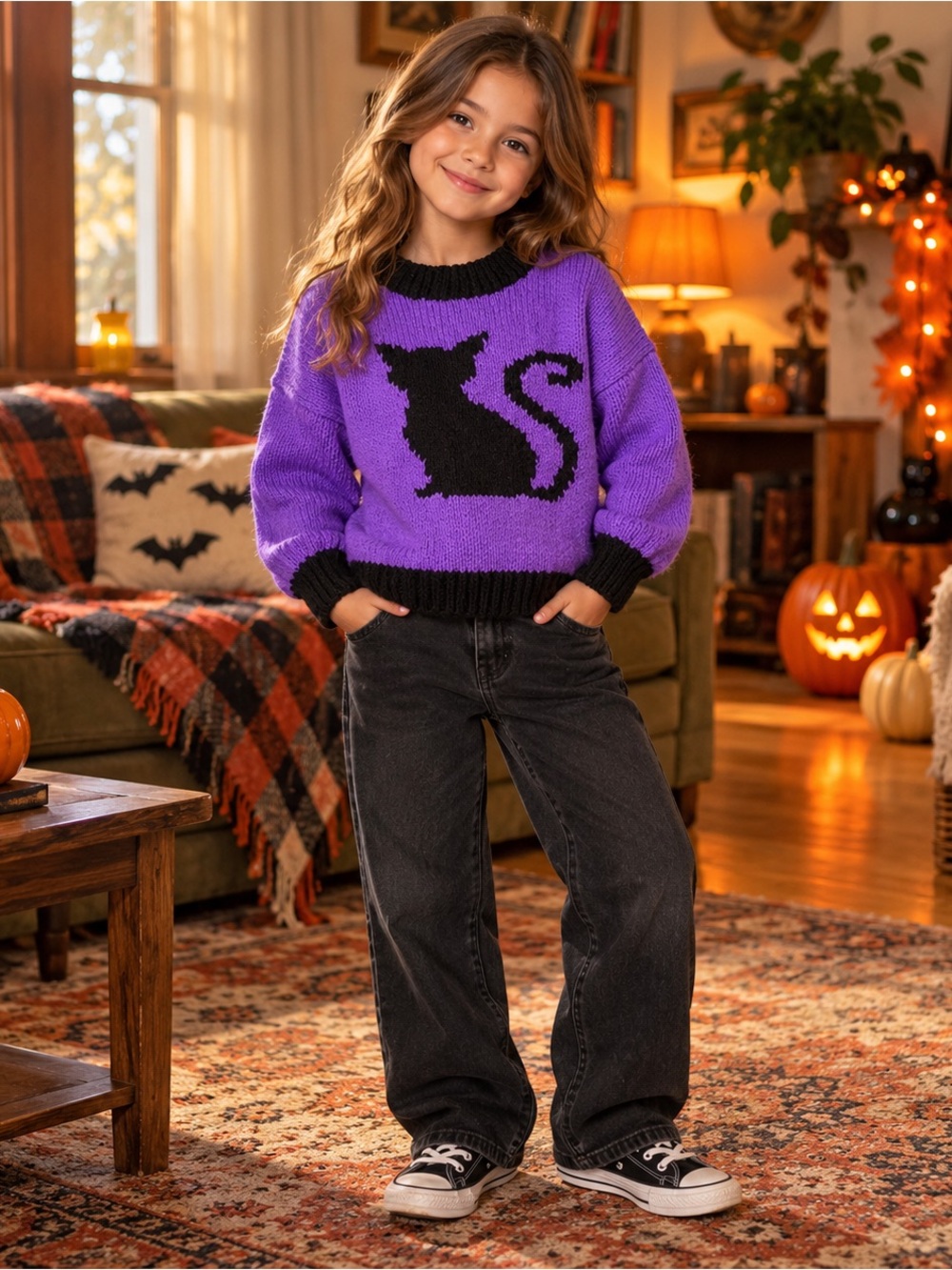 Vintage 90s Handmade Girls Purple Black Cat Halloween Knit Sweater Youth 8–10